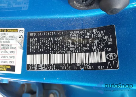 2008 Toyota Corolla S z USA, uszkodzony, nr VIN 2T1BR32E18C878417